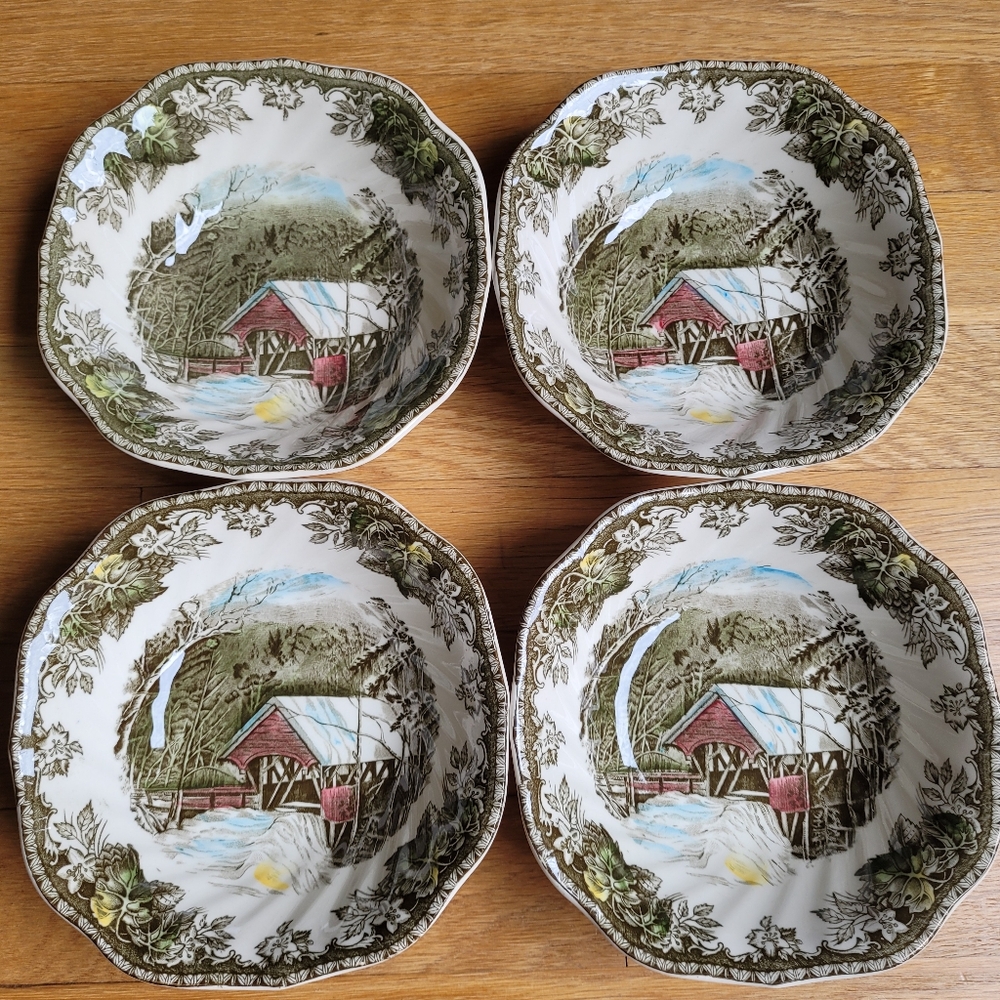 Johnson Brothers Red Covered Bridge Scenic Bowls with Green and Blue Accents